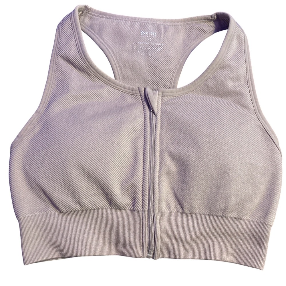 Pro Fit Seamless Sports Bra Front Zip Racerback Ribbed Beige Medium